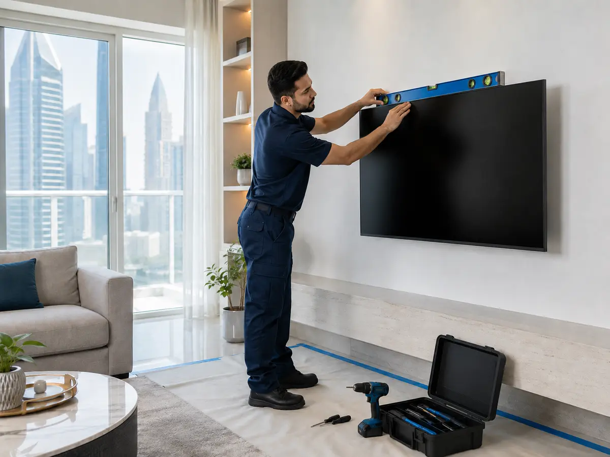 Onesfix handyman installing a television in a modern home